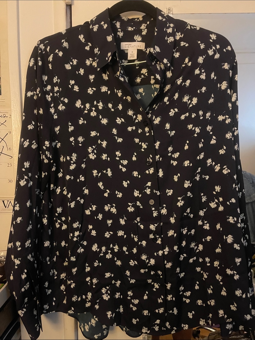 Signature Black n white floral Silk Button-Down Shirt with White Floral Print